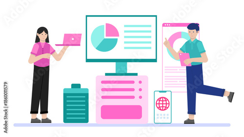 AI System Optimizing Energy Use in Data Centers. Flat Vector Illustration