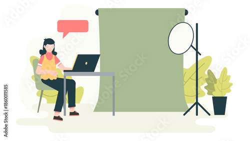 Co-working Space Offering Green Screen Studios. Flat Vector Illustration