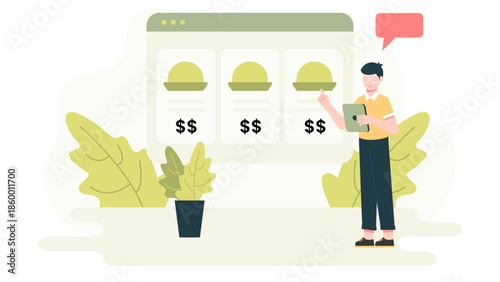 Smart Restaurant Implementing Dynamic Pricing. Flat Vector Illustration