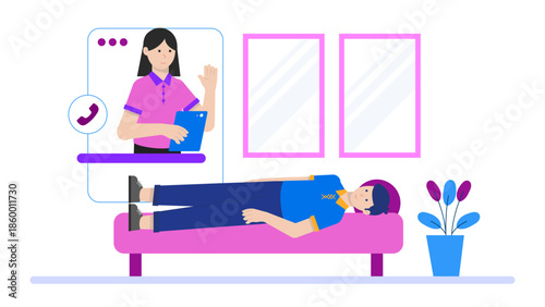Online Physical Therapist Guiding Post-Surgery Recovery. Flat Vector Illustration