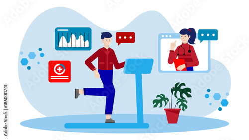 Online Physical Therapist Guiding Post-Surgery Recovery. Flat Vector Illustration