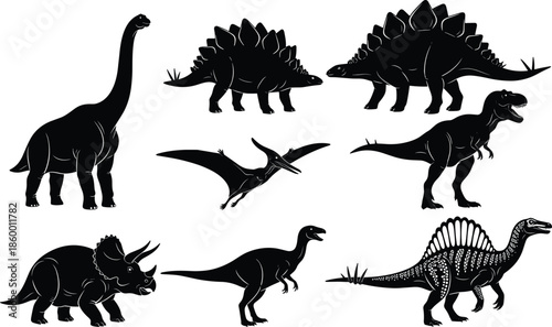 Prehistoric creature silhouette vector, dinosaur icon set, fossil era illustration, paleontology themed graphic design, nature animal profile, flavector