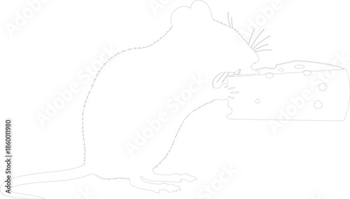 Mouse eating cheese contour drawing line art vector illustration