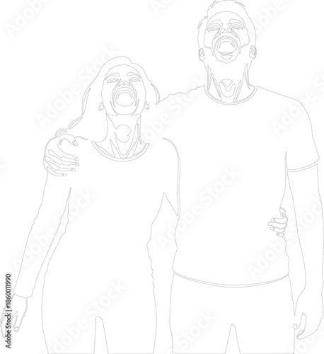 Happy Couple Cheering and Laughing Loudly Line Art Vector Drawing