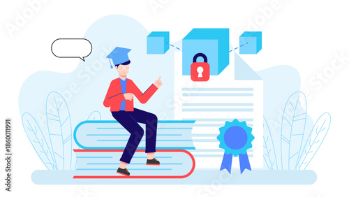 Smart University Using Blockchain for Diplomas. Flat Vector Illustration
