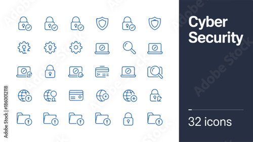Collection of minimalistic cyber security icons on a white and dark blue background