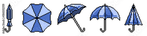 Set of pixel umbrella vector for weather apps and games. Ideal for rain protection, summer shade, beach items, and retro season art.