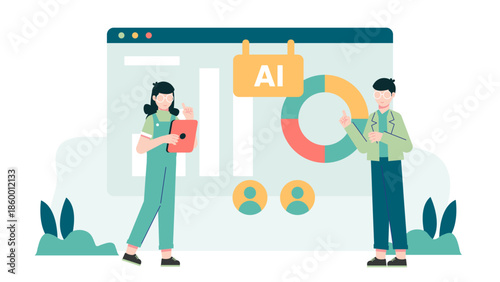 Corporate Team Using AI for Customer Churn Prediction. Flat Vector Illustration