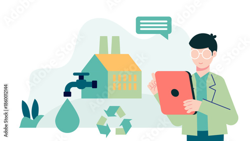 Sustainable Company Implementing a Water-Positive Initiative. Flat Vector Illustration