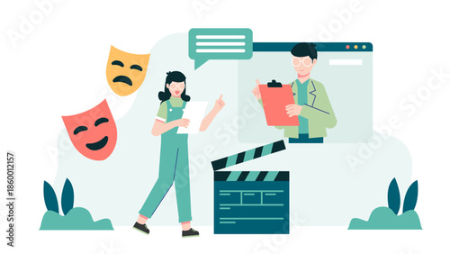 Online Drama Coach Preparing an Actor for an Audition. Flat Vector Illustration