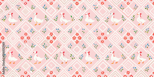 Charming pink background with a repeating pattern of ducks and floral designs