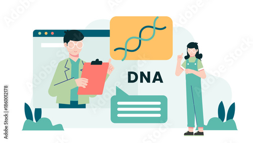 Telehealth Genetic Counselor Explaining DNA Results. Flat Vector Illustration
