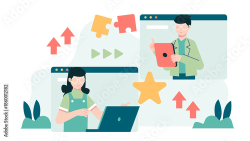 Remote Team Using Gamification for Training Modules. Flat Vector Illustration
