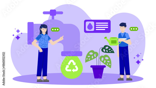 Sustainable Company Implementing a Water-Positive Initiative. Flat Vector Illustration