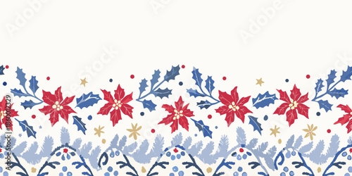 Festive floral border with red poinsettias blue foliage and scattered golden accents