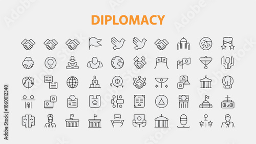 A clean vector illustration showcasing diplomacy icons and symbols in a grid layout