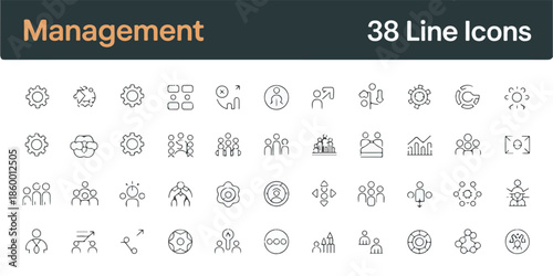 Collection of Minimalist Line Art Icons Representing Management Concepts and Business Strategies