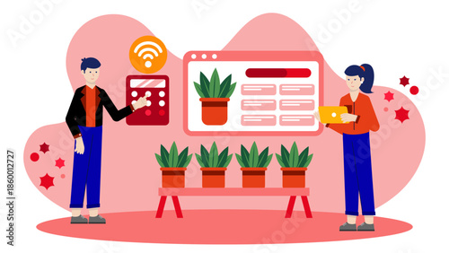 Green Tech Startup Creating Smart Plant Sensors. Flat Vector Illustration