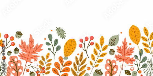 Autumn foliage border with colorful leaves berries and charming acorn details