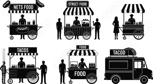 Street food vendor silhouettes, taco cart, mobile food truck, urban snack stall, black vector art, customer interaction, signage