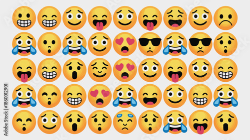 A digital illustration of various emoticons showcasing different facial expressions and emotions on a clean white background from a straightforward viewpoint.