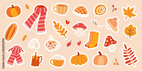 A cozy autumn collection with pumpkins leaves and warm drink stickers