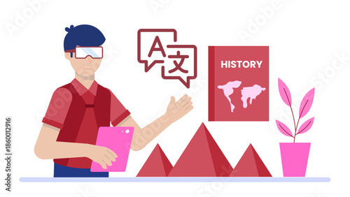 Virtual Reality Historical Language Reconstruction. Flat Vector Illustration