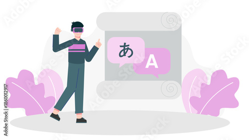 Virtual Reality Historical Language Reconstruction. Flat Vector Illustration