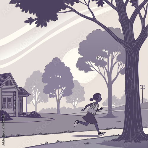 a joyful illustration depicts a child with a present near a decorated christmas tree and festive garland lights