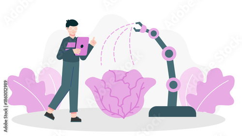 Smart Farm Implementing Automated Pollination. Flat Vector Illustration