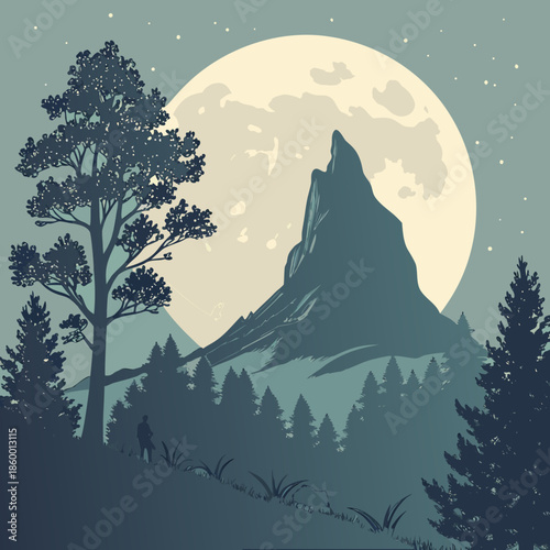 A serene nightscape depicting a silhouetted mountain pine trees and a lone figure under the glow of a full moon