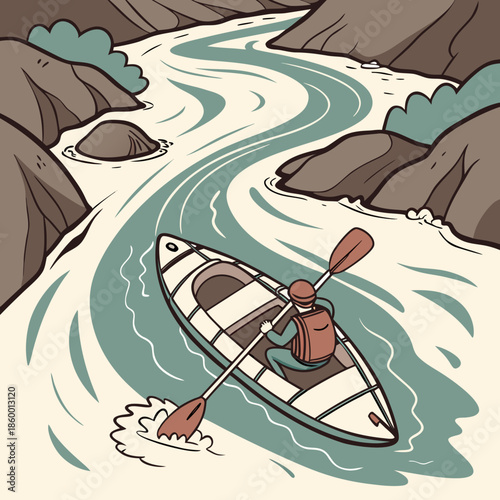 A scenic view of a winding river showcasing a lone kayaker paddling downstream through a rugged landscape high quality