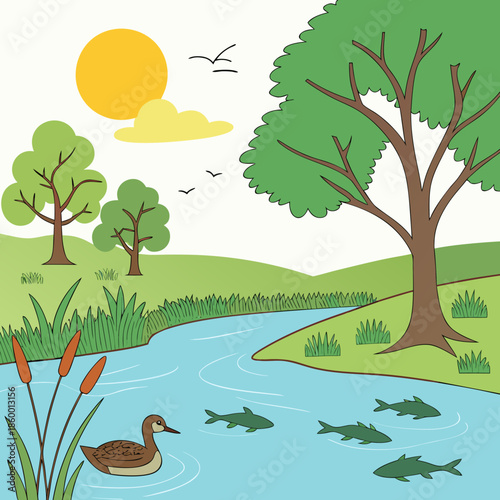a vibrant cartoon scene depicts a sunny day with trees a river birds in flight and aquatic life within