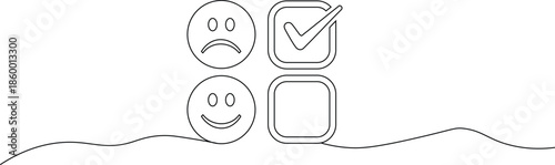 A simple line drawing of four emoticon faces with a checkmark and blank box on a wavy line background