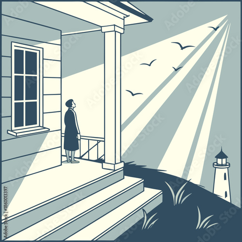 a charming illustration depicts santa claus gently smelling a vibrant red flower under a string of festive holiday lights