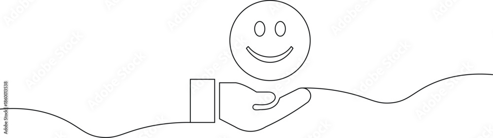 Fototapeta premium A simple line drawing of a hand holding a smiley face above a wavy line