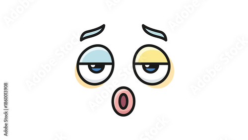 Cartoon face with tired eyes and open mouth expressing exhaustion and fatigue.