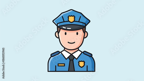 Cartoon police officer wearing uniform and hat, smiling, ready for duty, illustration.