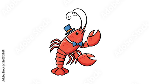 Cartoon lobster wearing a hat and bow tie, a whimsical illustration.