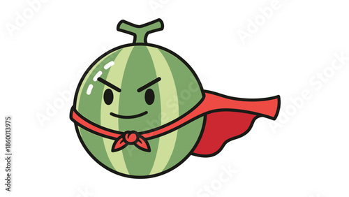 Cartoon melon superhero with a red cape and determined expression, ready for action.