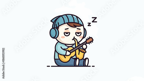 Cartoon character playing guitar while sleeping with headphones and beanie.