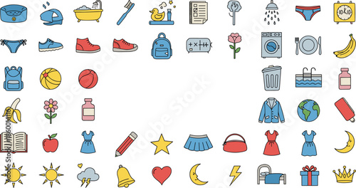 Hand drawn doodle icon set featuring daily life objects clothes food nature and school supplies isolated on a white background.