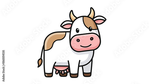 Cute cartoon cow illustration with brown spots and a happy expression.