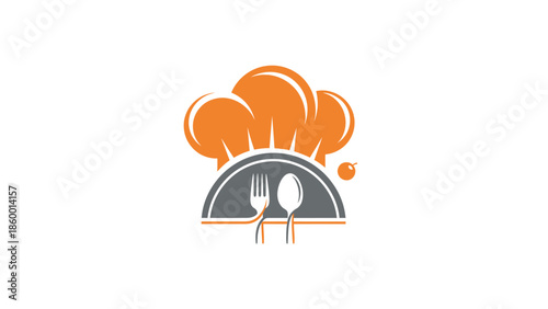 Chefs hat and utensils logo representing culinary arts and cooking.