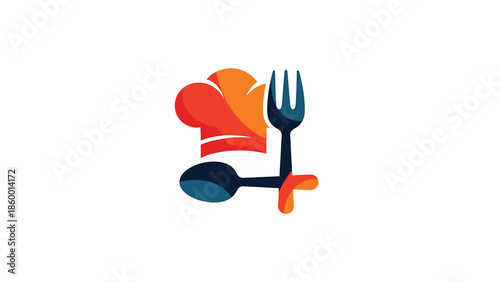 Chefs hat, fork, and spoon logo representing culinary arts and cooking.