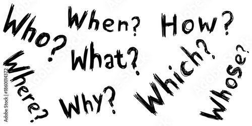 Set of scratch question words vector for education. Ideal for asking who, what, where, when, why, and how in a rough handdrawn style.