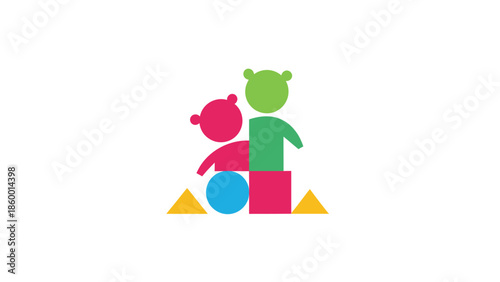 Colorful geometric shapes forming figures, representing teamwork and cooperation, abstract concept.