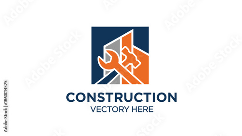 Construction logo featuring a wrench and hammer, building design, vector illustration.
