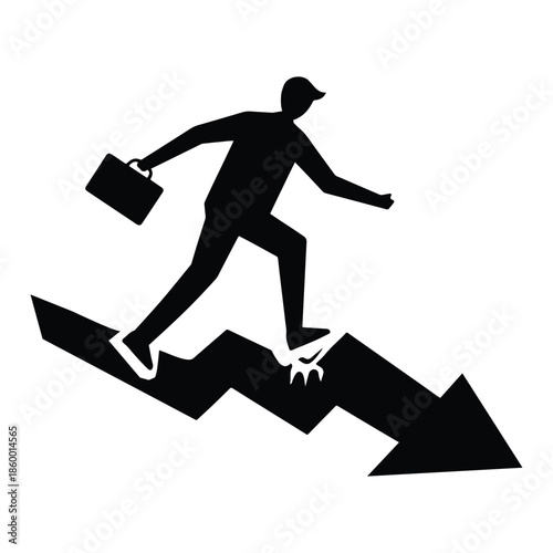 Financial failure concept – businessman slipping on cracked downward arrow silhouette isolated on white