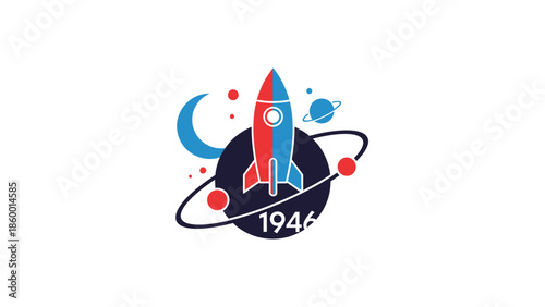 Colorful rocket ship design with planets and the year 1946, a retro space exploration concept.